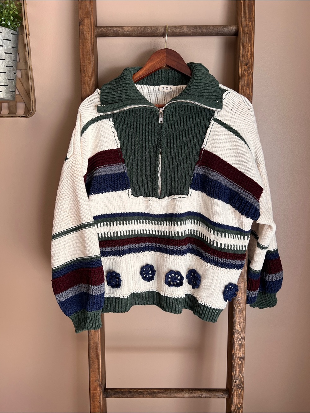 POL Half-Zip Striped Chenille Knit Sweater in Cream & Forest Green
